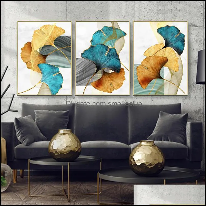 Paintings Arts, Crafts & Gifts Home Garden 3 Panels Gold Green Leaves Nordic Wall Art Prints Cuadros Decorativos Posters And Drop Decor Pict