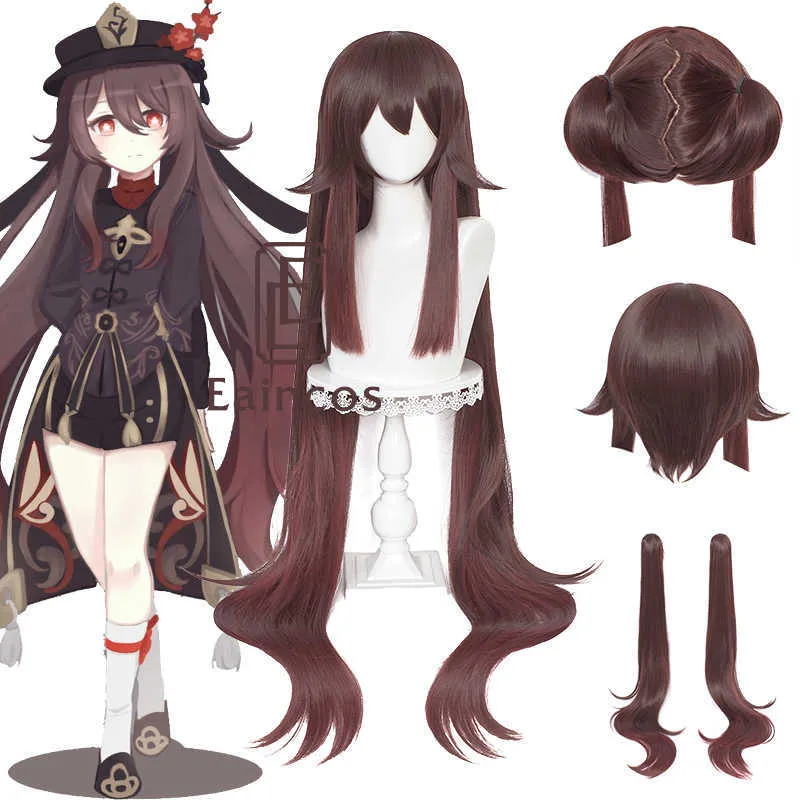 Genshin Impact HuTao Cosplay Wig 110cm Long Brown Hair Anime Halloween Heat Resistant Synthetic Wigs Y0903