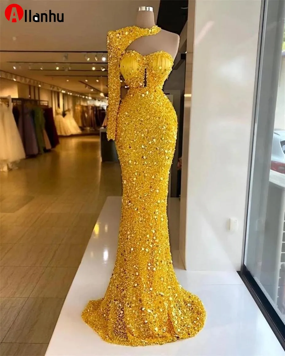 2022 glitzernde gelbe Ballkleider, eine Schulter, Perlen, Pailletten, formales langes Ballkleid, 2022, Dubai, arabische Robe de Soiree, Party-Abendkleider