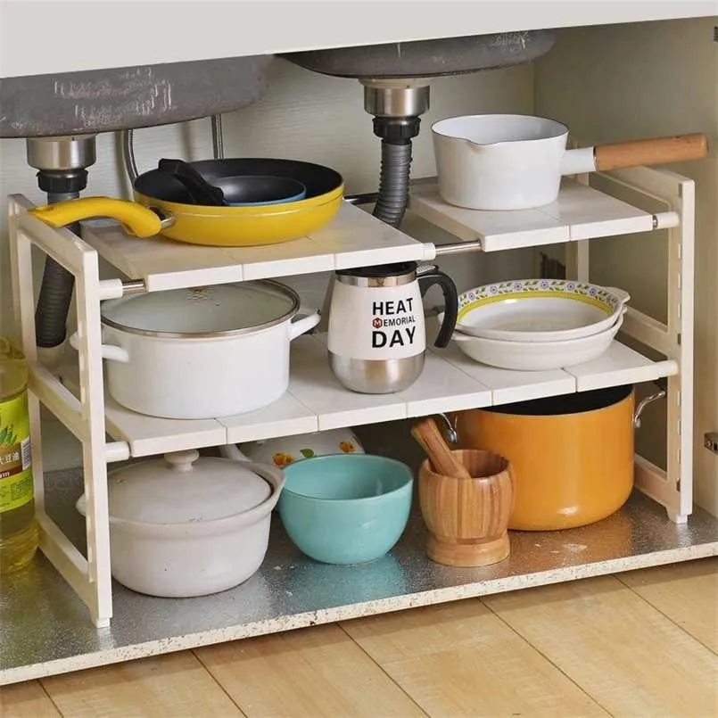 Uitbreidbaar onder gootsteen organisator 1 / 2TIER keukenbenodigdheden kast organizer, pot pan Spice rack, opbergplank voor keuken, badkamer 211112