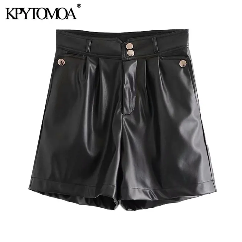 KPYTOMOA Frauen Chic Mode Faux Leder Seite Taschen Shorts Vintage Hohe Taille Zipper Fly Weibliche Röcke Mujer 210323