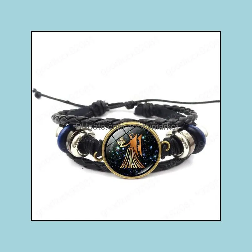 fashion Twelve constellations bracelet hand woven adjustable Glass cabochon time gem bracelet zodiac sign bracelet bangle cuff jewelry