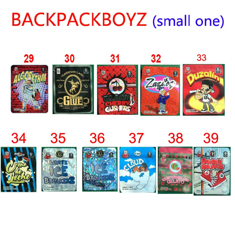 BACKPACKBOYZ 3,5 g luktsäkra mylarväskor återförslutningsbara baggies ryggsäck boyz BISCOTTI GELATO 41 GUARANA BILLY KIMBER ZERBERT GELATTI 5POINT.LA