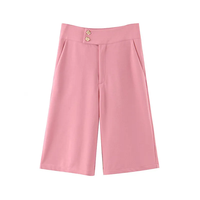 Ropa de oficina elegante para Mujer, pantalones rectos hasta la rodilla, dulce cintura alta, cremallera, bolsillo lateral, pantalones femeninos, rosa, 210430