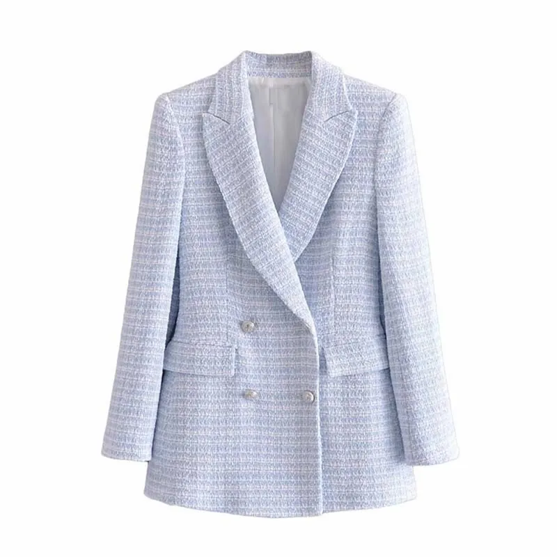 Kobiety Moda Light Blue White Plaid Tweed Blazer Płaszcz Vintage Double Breasted Kobieta Office Lady Chic Topy 210514