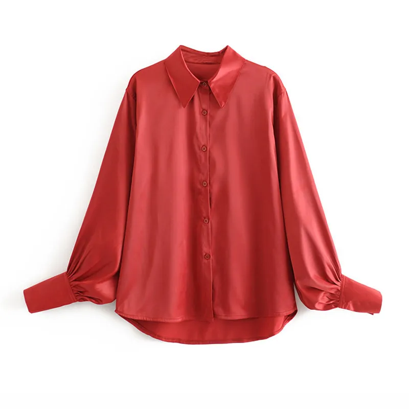 Stilvolle Feste Rote Lose Blusen Frauen Revers Kragen Langarm Weibliche Shirts Blusas Chic Tops 210430