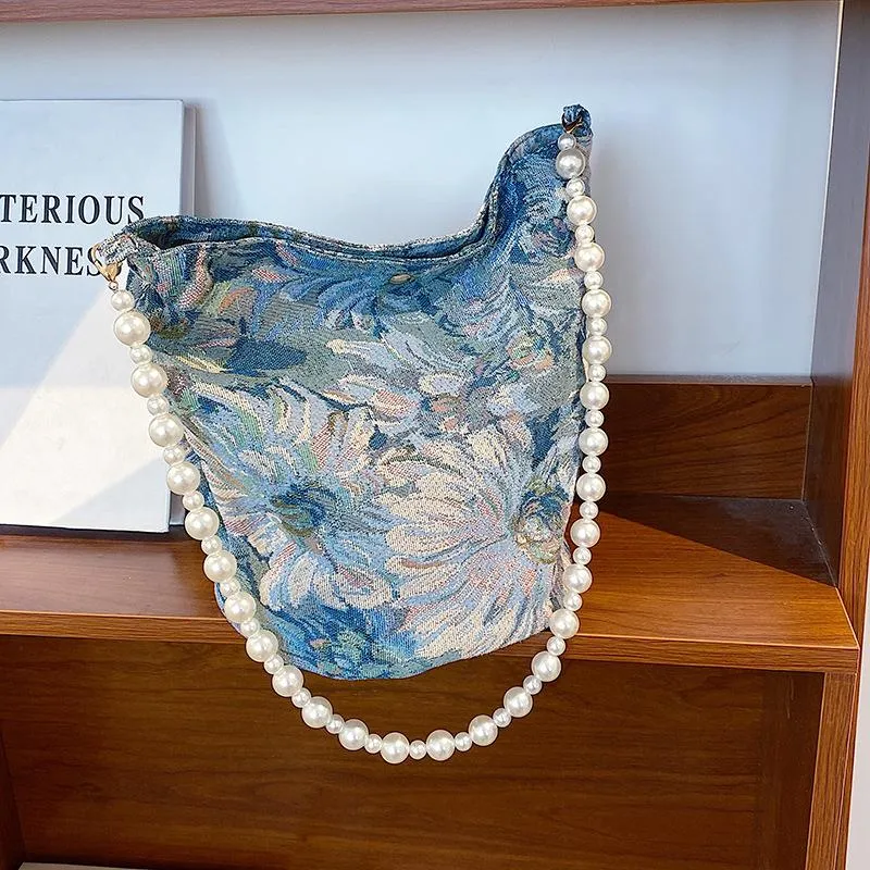 Axelväskor duk tygväska lyxig designer handväska kvinnor shoppare 2021 mode fransk stil vintage monet vatten liljekärl