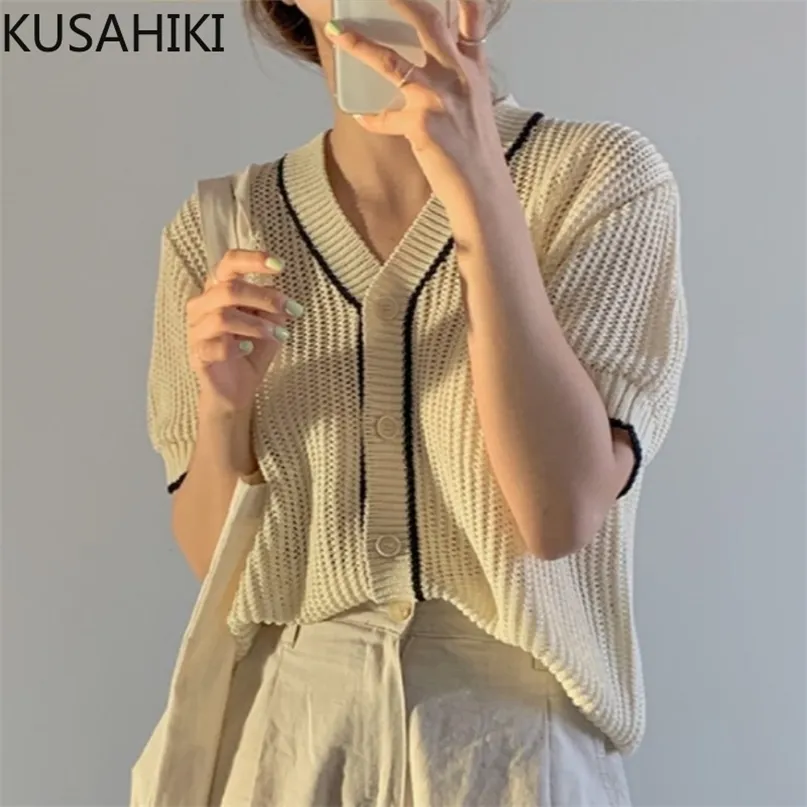 Korean Chic Summer Short Sleeve Knitwear Causal Vintage Elegant V-neck Cardigans Hit Color Knitted Tops 6H959 210603