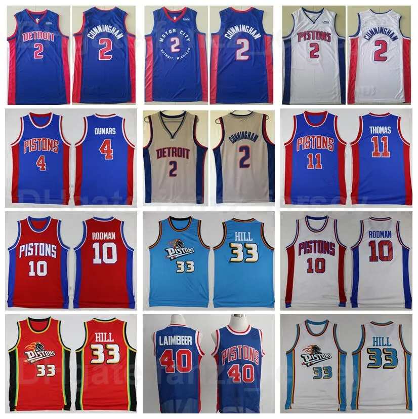 Hommes Cade Cunningham 2 Basketball Bill Laimbeer Jersey 40 Grant Hill 33 Isiah Thomas 11 Dennis Rodman 10 Joe Dumars 4 Bleu Blanc Gris Rouge Couleur de l'équipe pour les fans de sport Chemise