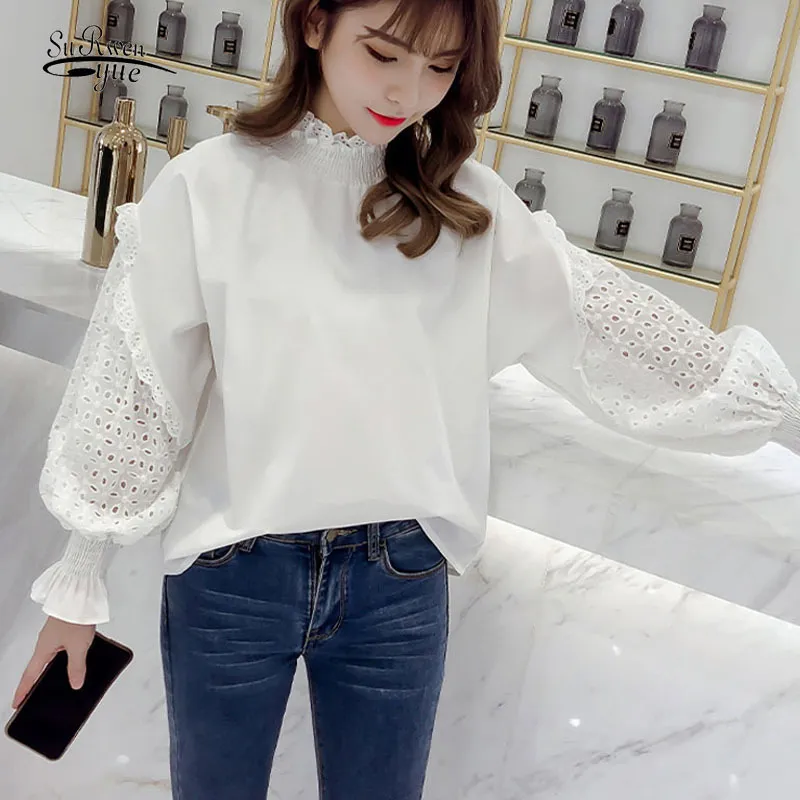 Hollow Lace Stitching Stand Collar Plus Size Korean Chic Autumn Blouse Women Pullover Lantern Sleeve Loose White Shirt 12495 210508