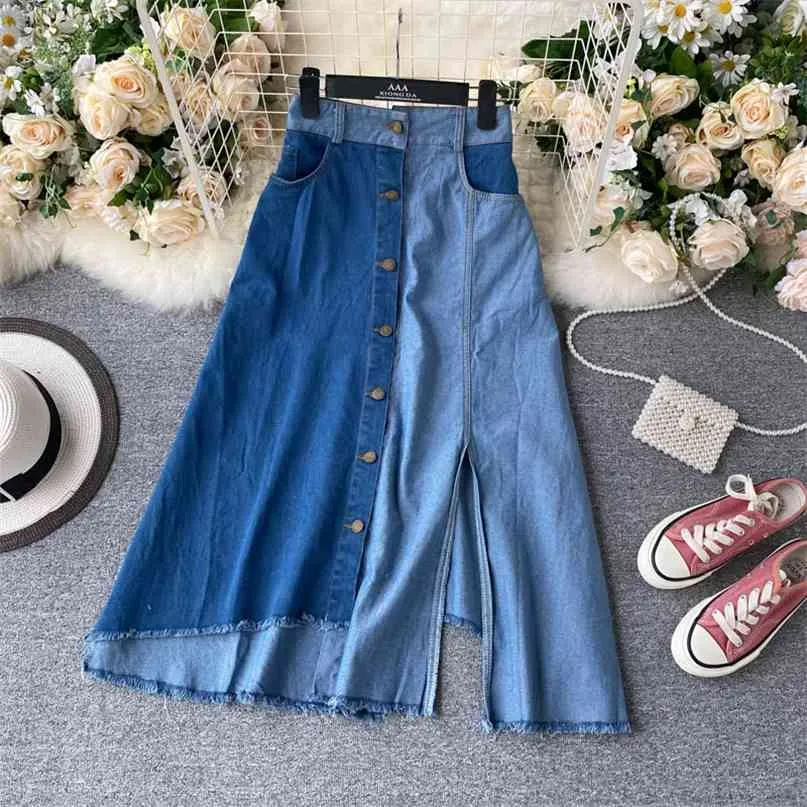 Ins Contrasting Color Stitching Fashion Irregular High Waist A- Line Split Denim Skirt Women Elegant Harajuku M518 210527