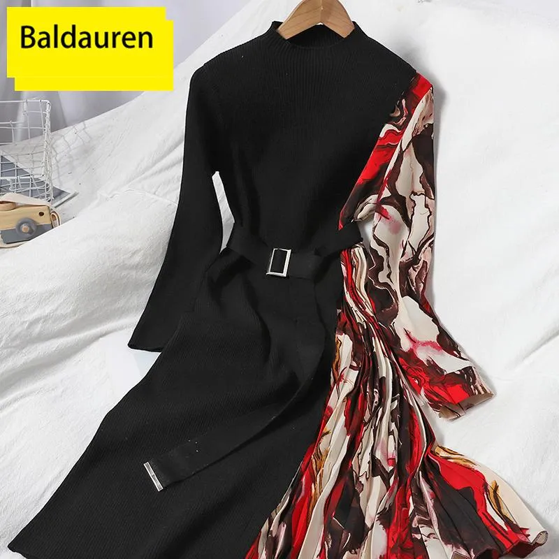 Casual Dresses Baldauren Sexy High Waist Knitted Women Sashes Contrase Color Spliced Long Sleeve Half Collar A-line 2021 Winter