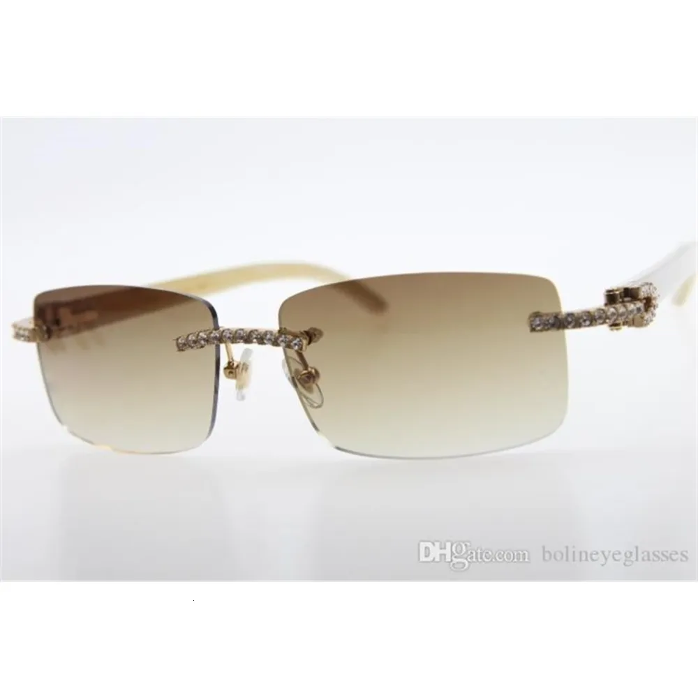 Wholesale High end brand Hot Glasses New 3524012 diamond Rimless White Genuine Natural Horn Sunglasses Men stone Unisex Glasses Brown