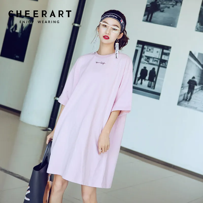 Summer Pink T-shirt Robe Femmes Loose Zipper Imprimer Casual Réversible Mini Coton Sundress 210427