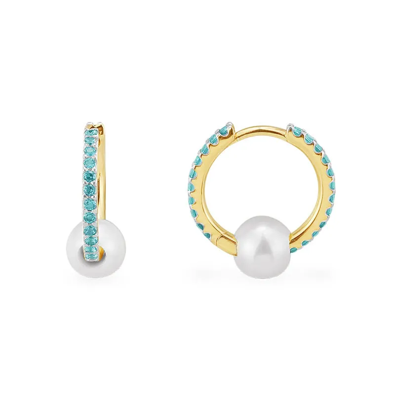 Real 925 Sterling Silver Lagoon Blue Hoop Earrings with Pearls Cubic Zirconia Stones Women Luxury Brand Jewelry