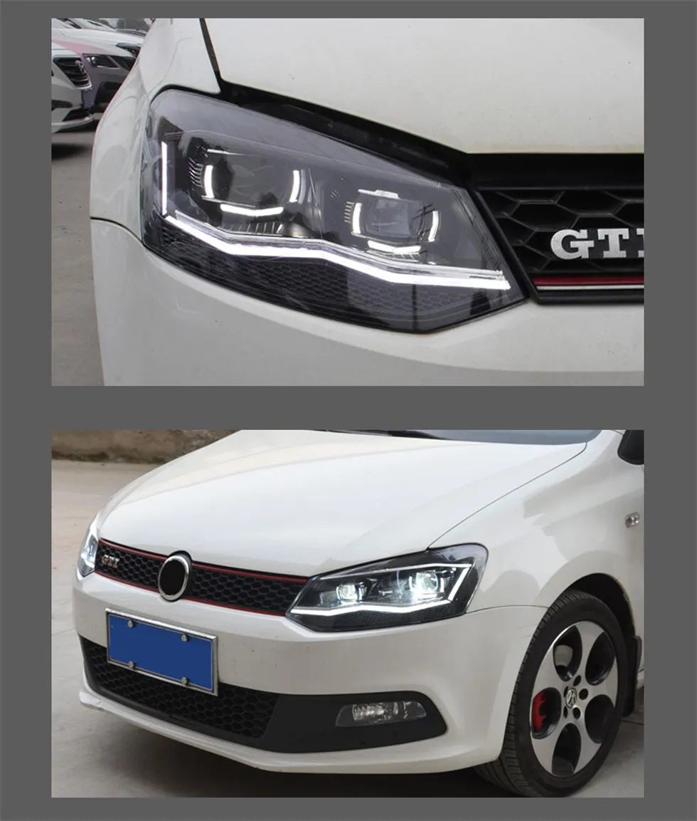 مصابيح LED خلال النهار لـ VW Polo 2011-2018DRL مجموعة مصباح أمامي مرتفع/منخفضة لعدسة الفاصوليا المنخفضة إشارة الضباب العكسي