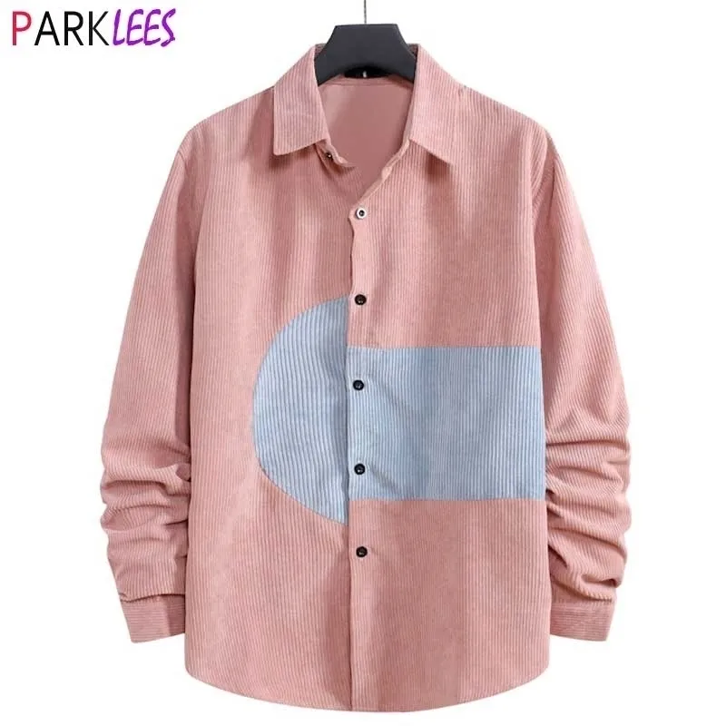 ピンクのコーデュロイシャツ男性ファッションコントラストデザインベロアシャツメンズカジュアルウォーム品質シャツ男性パッチワークファッションケミェース210522