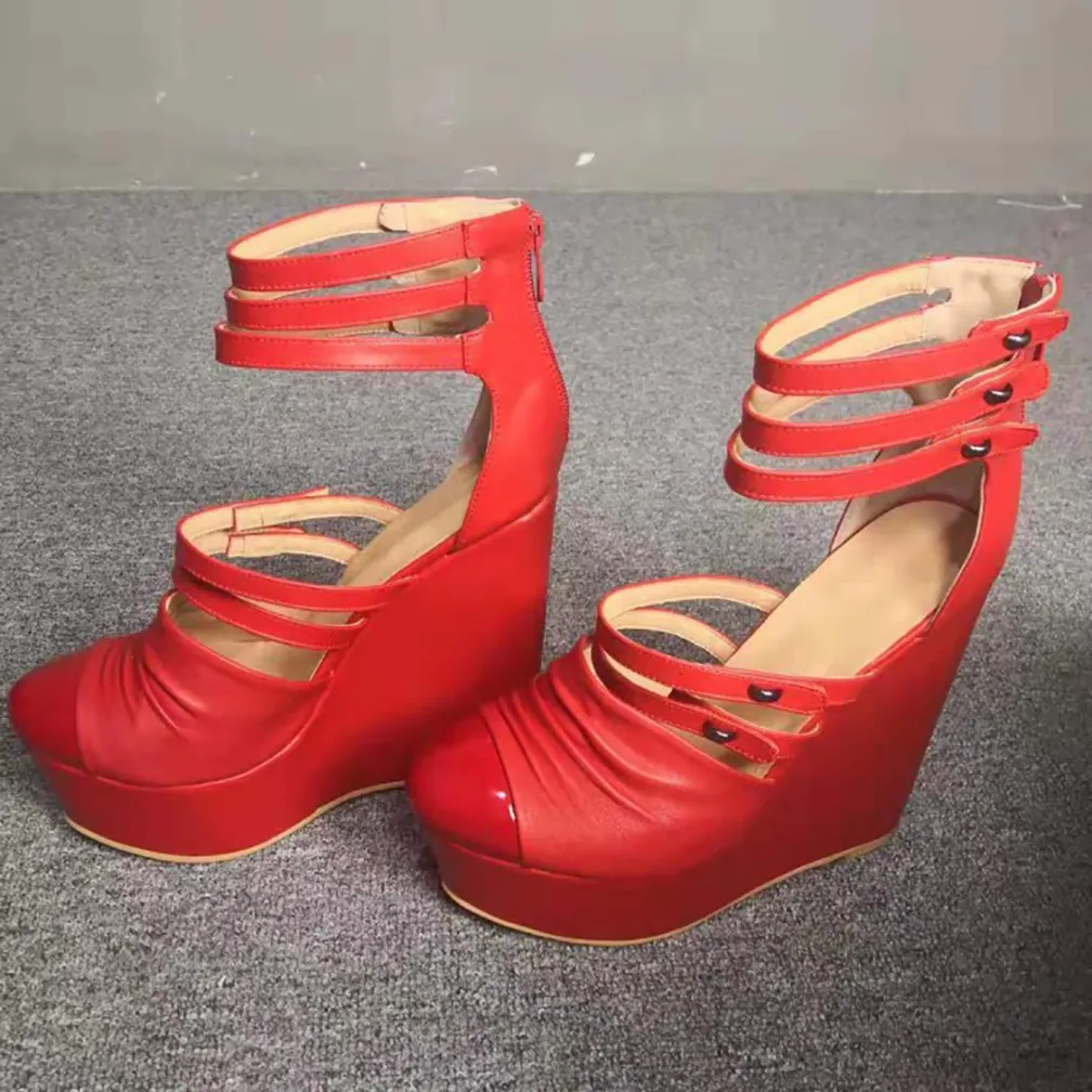 Kolnoo 2022 Handmade Prosty Styl Kobiety Wedge Heel Sandały Wąskie zespoły Sexy Red Faux Leather Evening Xmas Party Prom Fashion Club Buty Letnie D671