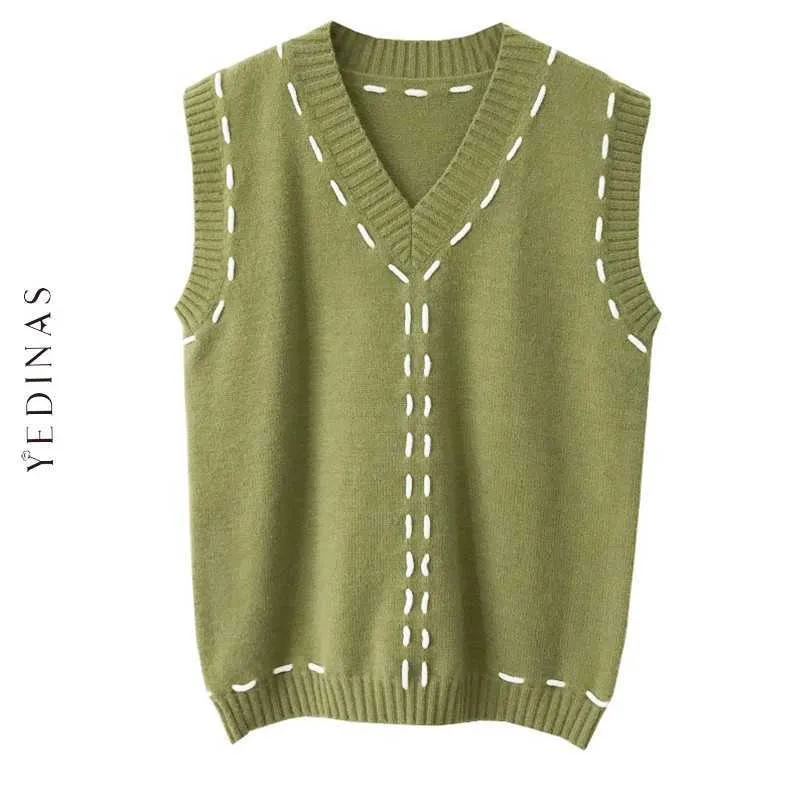 Yedinas Fashion Knitted Vest Women Casual Korean Pullover V-neck Sweater Sleeveless Tank Tops Autumn Winter Loose 210527