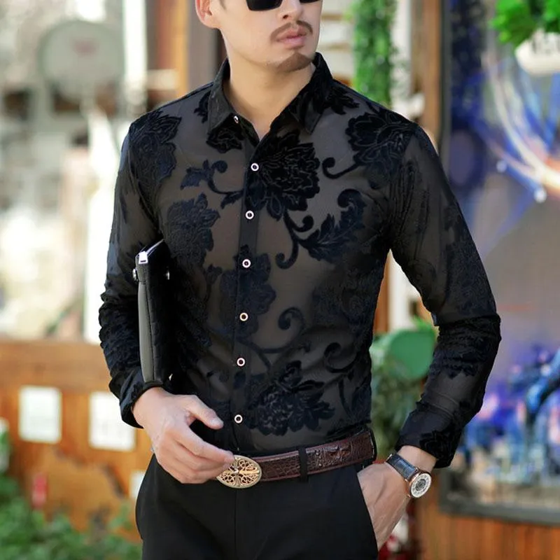 Camisa Transparente De Lujo Para Hombre Encaje Bordado Floral