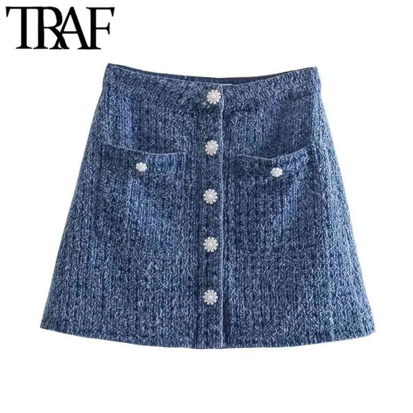 Women Chic Fashion Faux Pearl Buttons Mini Skirt Vintage High Waist With Lining Female Skirts Mujer 210507