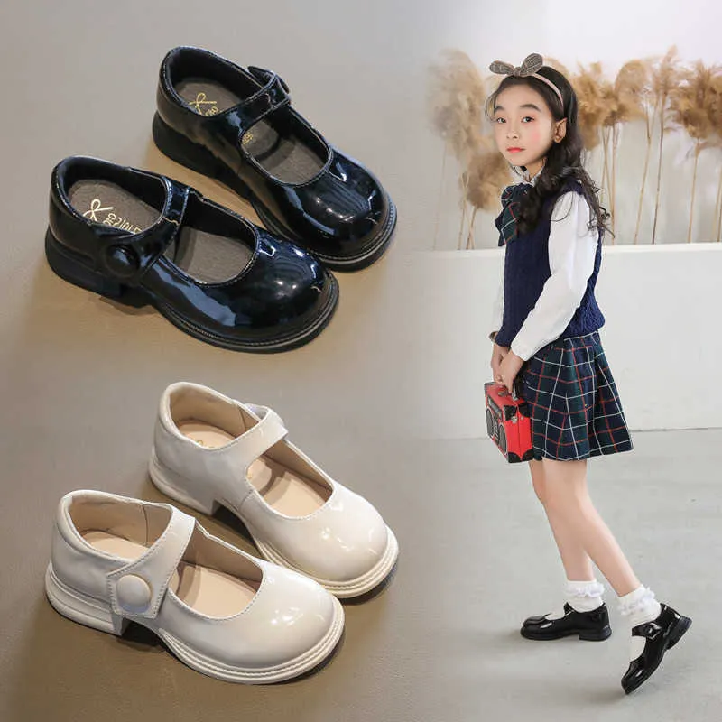 Kids Girls' Black Leather Shoes Fashion Pure White Children Princess British Style Student Girls Single Dance X0703
