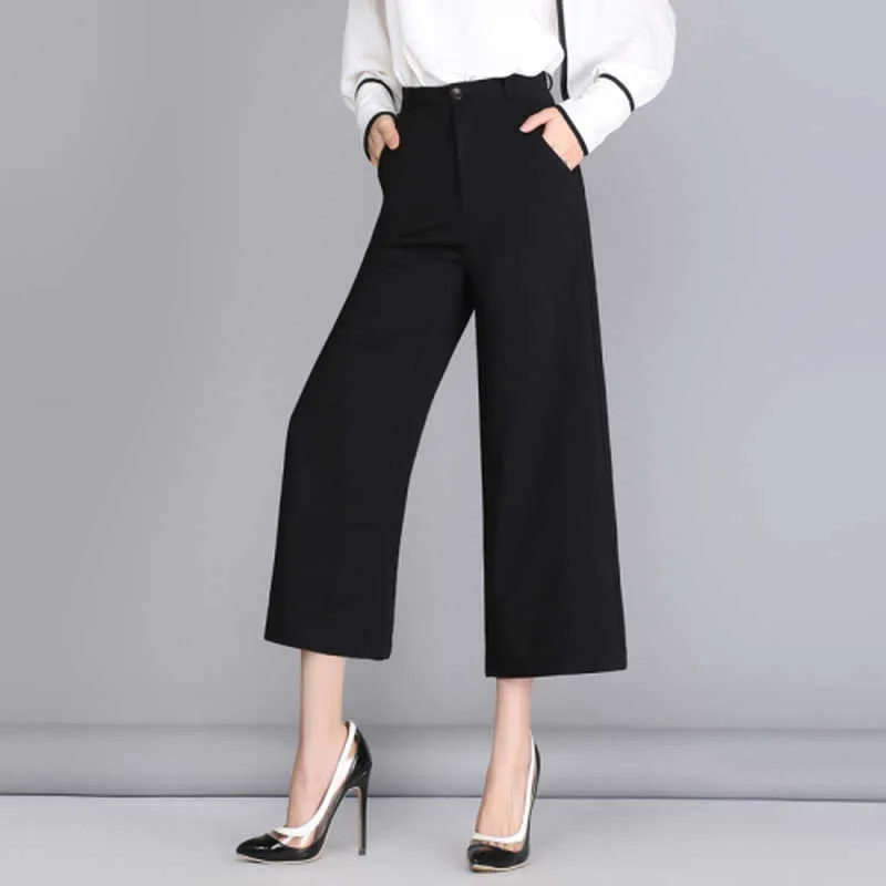 Spring Summer High Waist Pants Women Elegant Work Office Casual calf length Trousers Back Wide Leg pantalon femme 210608