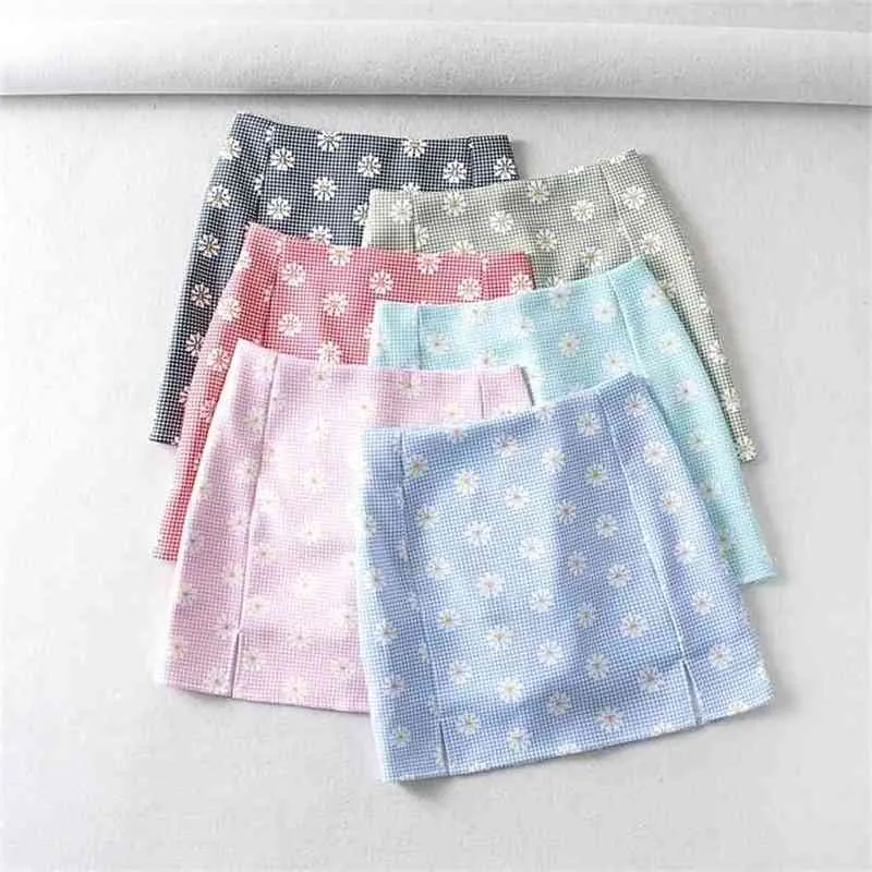 Damen-Minirock mit geteilten Details, Gänseblümchen-Print und Unter-Shorts-Skort in Blau, Schwarz, Grün, Rosa 210529