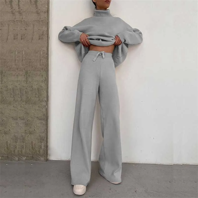 Autumn Fashion Turtleneck Long Sleeved Pullover Top+Wide Leg Pants Suit Elegant Fleece Outfits Women Casual Winter Two Piece Set 211007