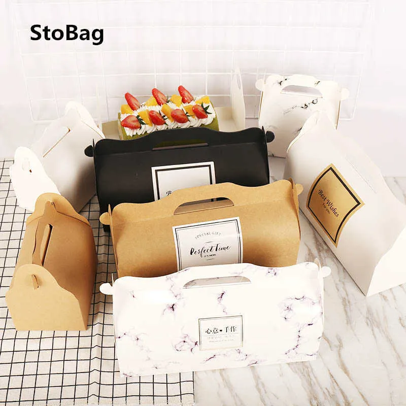 StoBag 10pcs Protable Paper Box Cake Pastry Cake Boxes And Packaging Celebrate Birthday Handmade Gift Supplies Patisserie Favor 210602