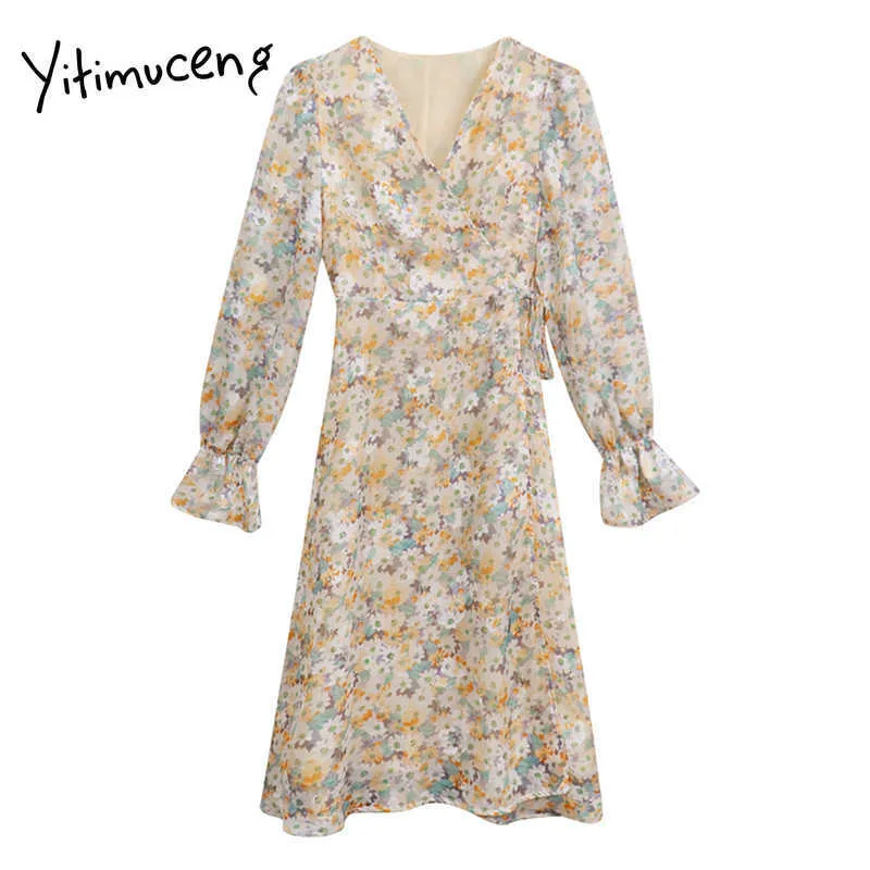 Yitimuceng Vintage Floral Pint Mini abiti da donna con scollo a V A-Line manica lunga abbigliamento primavera moda dolce abito in chiffon 210601