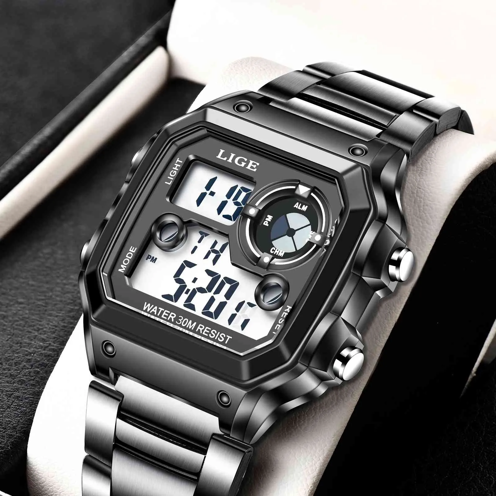 Ligeスチールストラップデジタルウォッチメンズスポーツウォッチ電子LED男性の腕時計のための男性時計の水防水警報時間210517