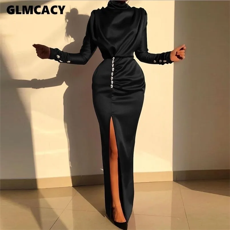Save Big on Bulk Women Sexy Splits Long Sleeve Maxi Dress High Neck Ruched Thigh Slit Evening Gown Dress Satin Evening Party Dresses 210915 Best