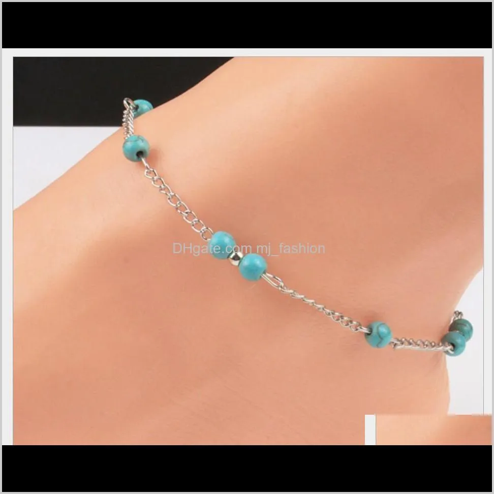 chain anklets fashion gold/silver plated anklets jewery summer hot sell vintage blue beads anklets accessories drop shipping 1814