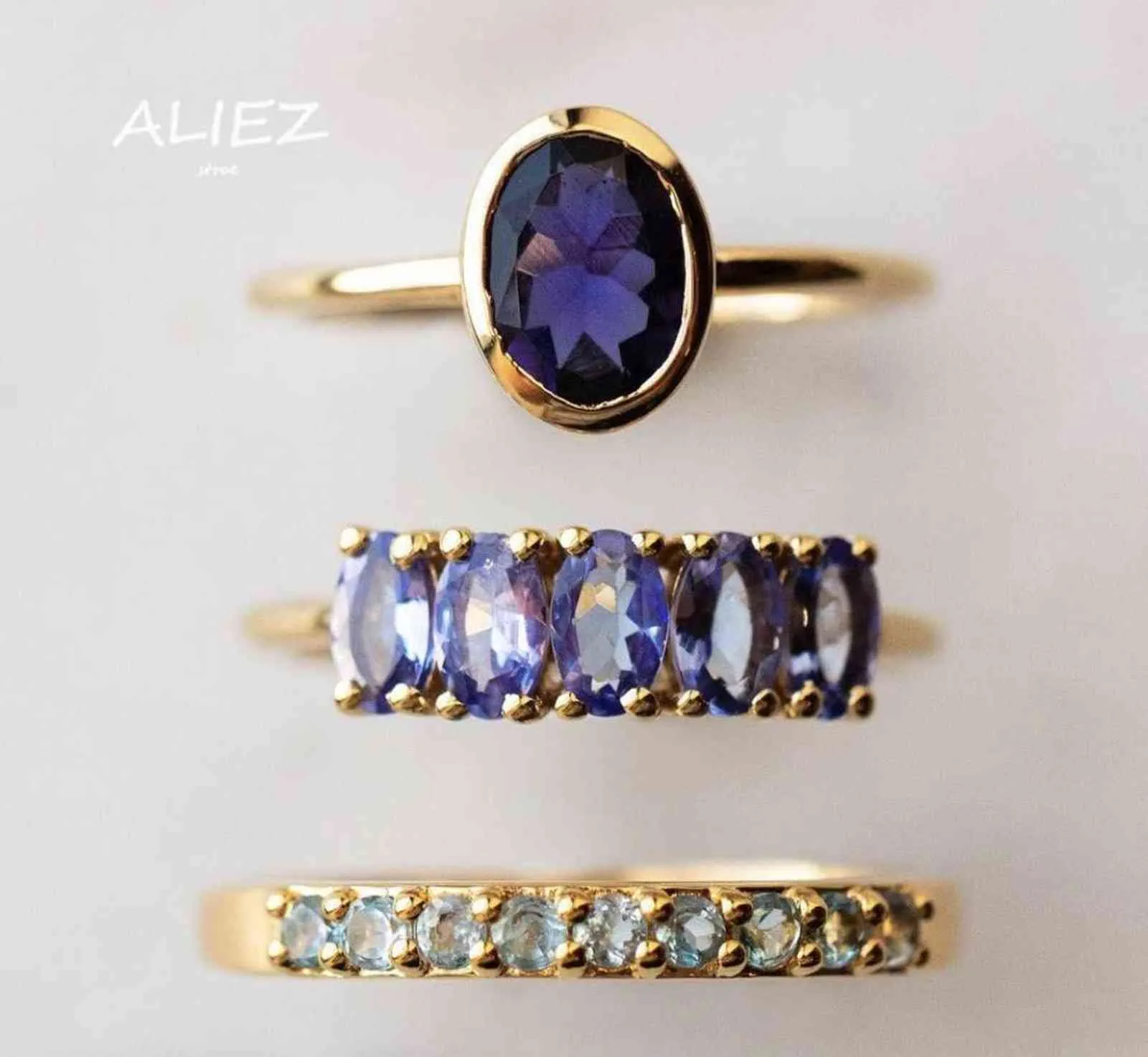 Ny trendig varm försäljning europeisk och amerikansk blå diamant tre stycken set ring för kvinnor smycken party bröllop mode gåva g1125