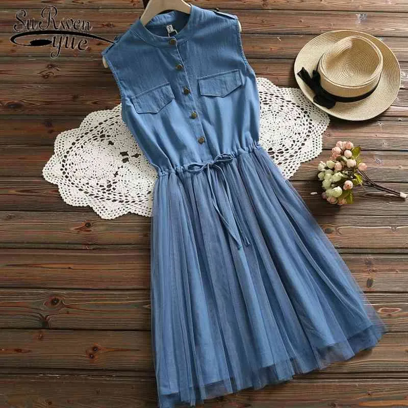summer women dress elegant high waist sleeveless blue mesh splice A-Line mini s clothing 3518 50 210508