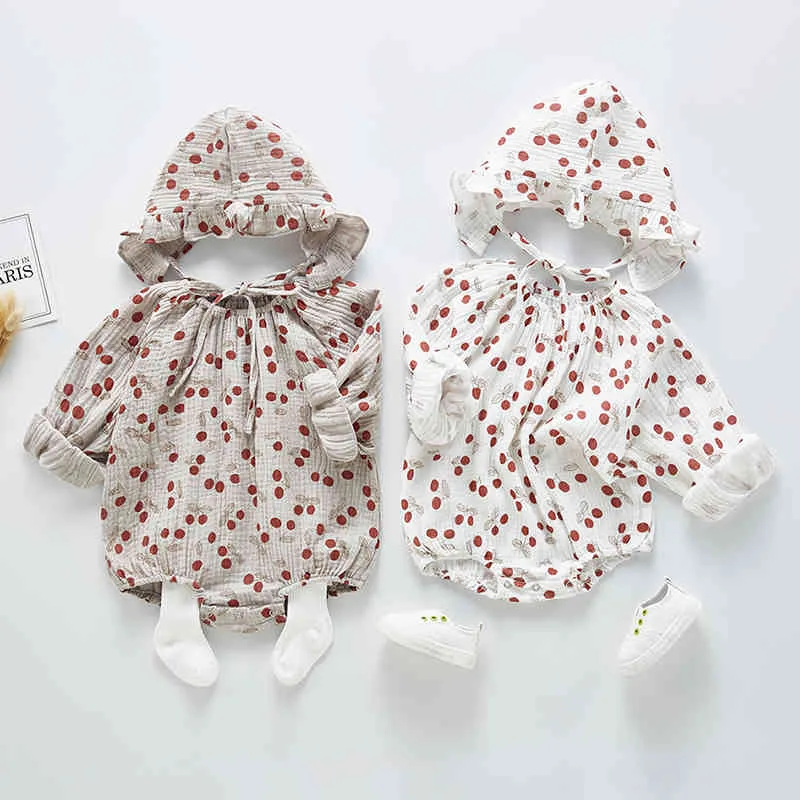 Lente herfst meisjes romper baby kleding lange mouwen schattige kersen meisje rompertjes en hoed jumpsuit 210429