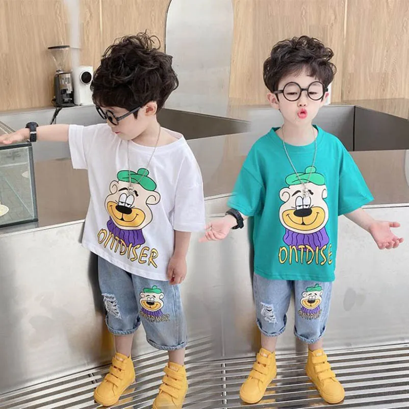 Kids Clothing Sets Casual Boy Suits Boys Outfits Children Clothes Summer Cartoon Cotton Short Sleeve T-shirts Hole Jeans Shorts Pants B6848