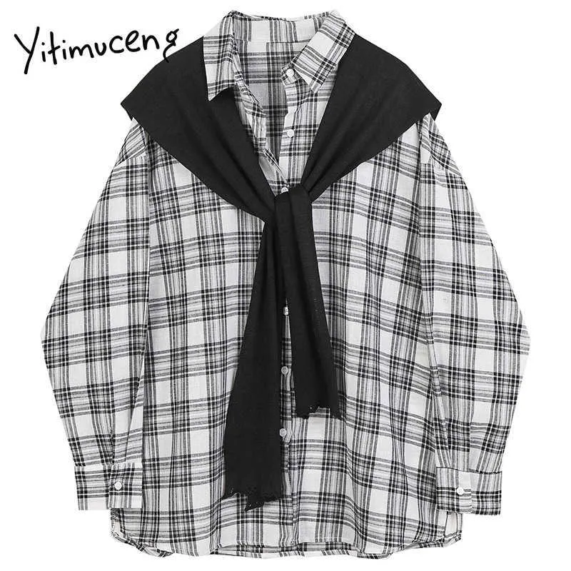 Yitimuceng Vintage Plaid Shawl Blouse Women Button Up Shirts Loose Spring Long Sleeve Turn-down Collar Office Lady Tops 210601