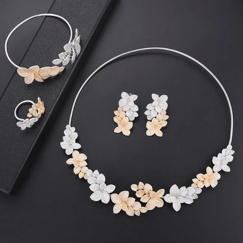 Earrings & Necklace KellyBola Flower Cubic Zirconia Bridal Wedding Jewelry African Dubai Set Bangle Ring For Women Party