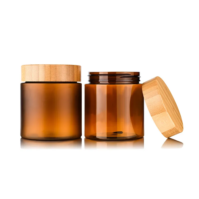 50ml 150ml 250ml 500ml Bouteilles d'emballage de récipient de crème de beurre corporel Ambre PET Cosmétique 5Oz 8Oz Pot en plastique avec bouchon à vis Couvercle en bois de bambou