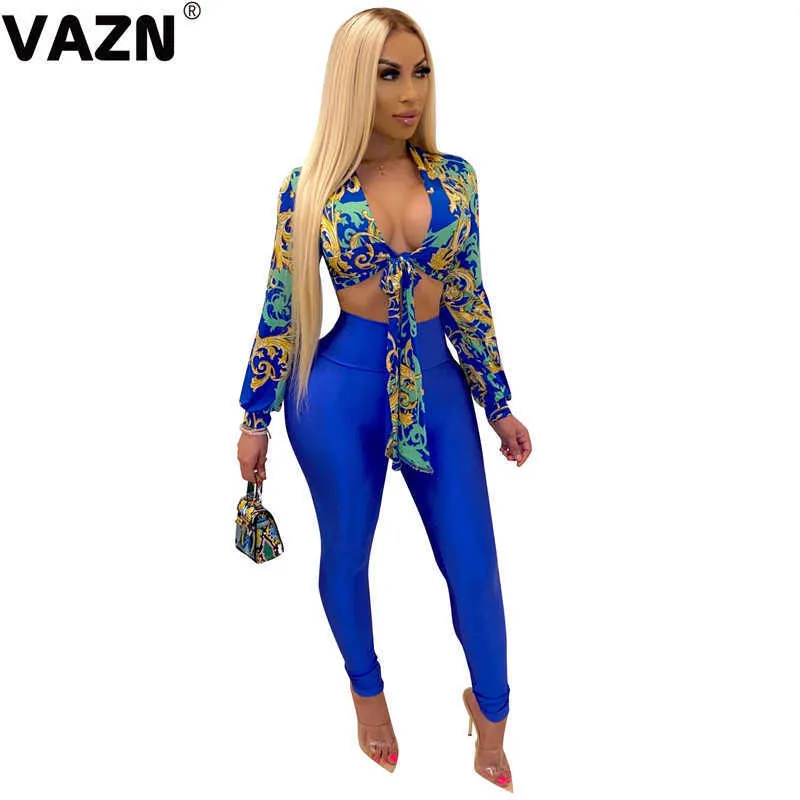 VAZN 2020 New Arrival Open Vintage Hollow Out Sexy Club Unusual Bandage Full Sleeve Top Group Long Pants Slim Women 2 Piece Set Y0625