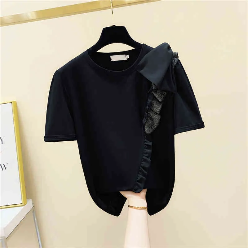 Unique Design Summer Women's O Neck Short Sleeves Bow Ruffles T-shirt Tee Girls Ladies Pullover Casual Tees Tops A3647 210428