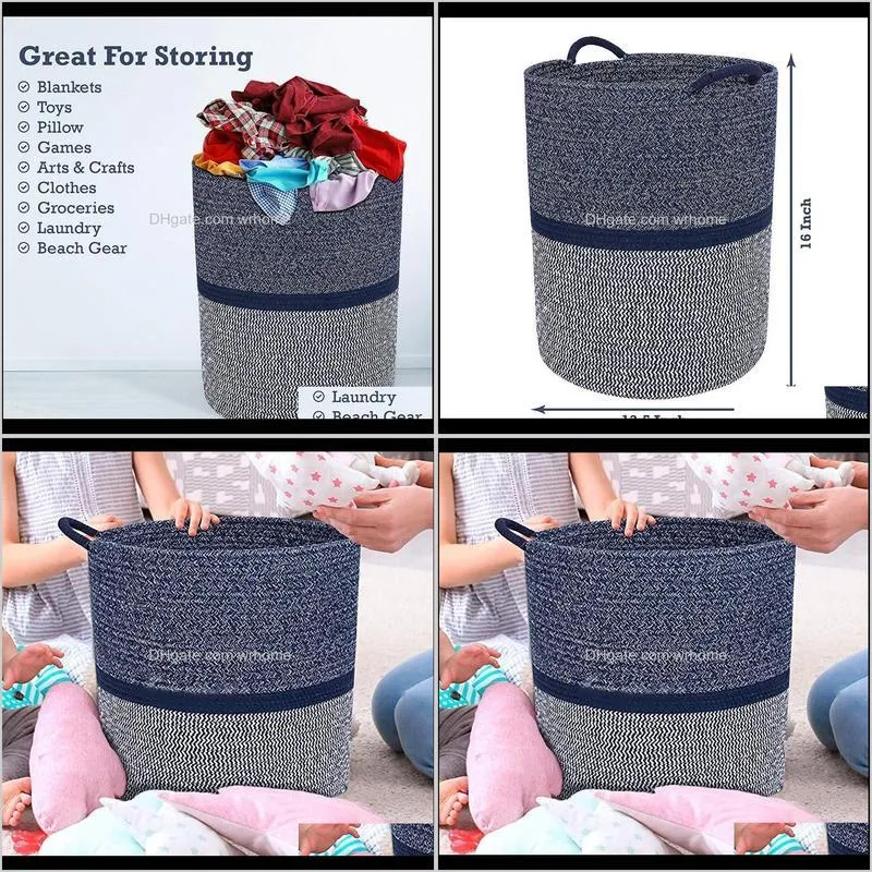 Cotton Rope Basket Woven Baskets With Handles Laundry Hamper Organizing Storage Toy Bin-ABUX