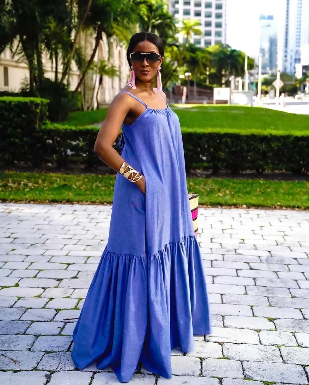 Pleated Dress Blue Spaghetti Strap Maxi Dress Elegant Plus Size