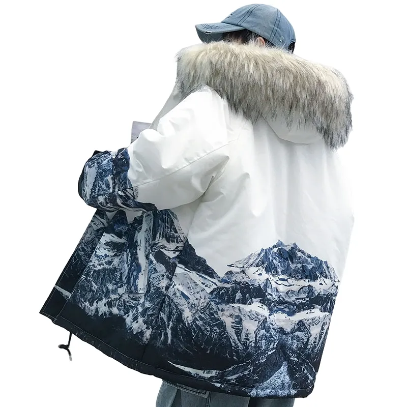 Chaqueta acolchada de invierno para hombre, abrigo grueso, prendas de vestir cálidas con capucha de piel extraíble, estampado de montaña de talla grande 4XL 5XL