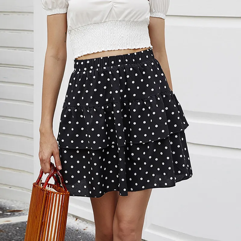 Summer women mini skirts Casual dots two layer ruffles black for female sweet girls short A-line pleated 210524