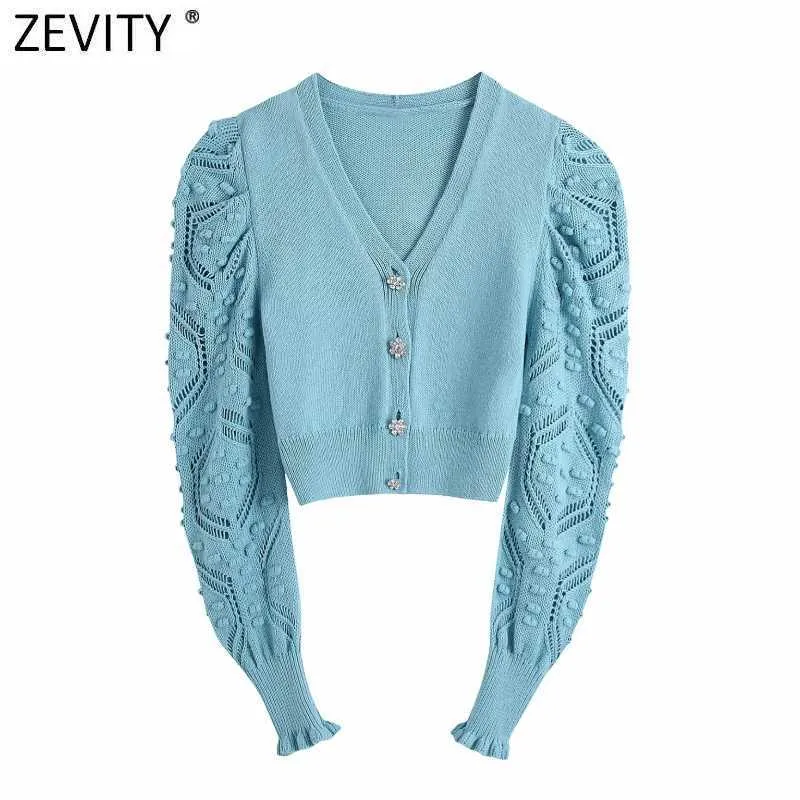 Zevity Women Fashion V Neck Puff Sleeve Hollow Out Crochet Short Stickad Sweater Kvinna Chic Diamond Button Cardigans Tops SW802 210603