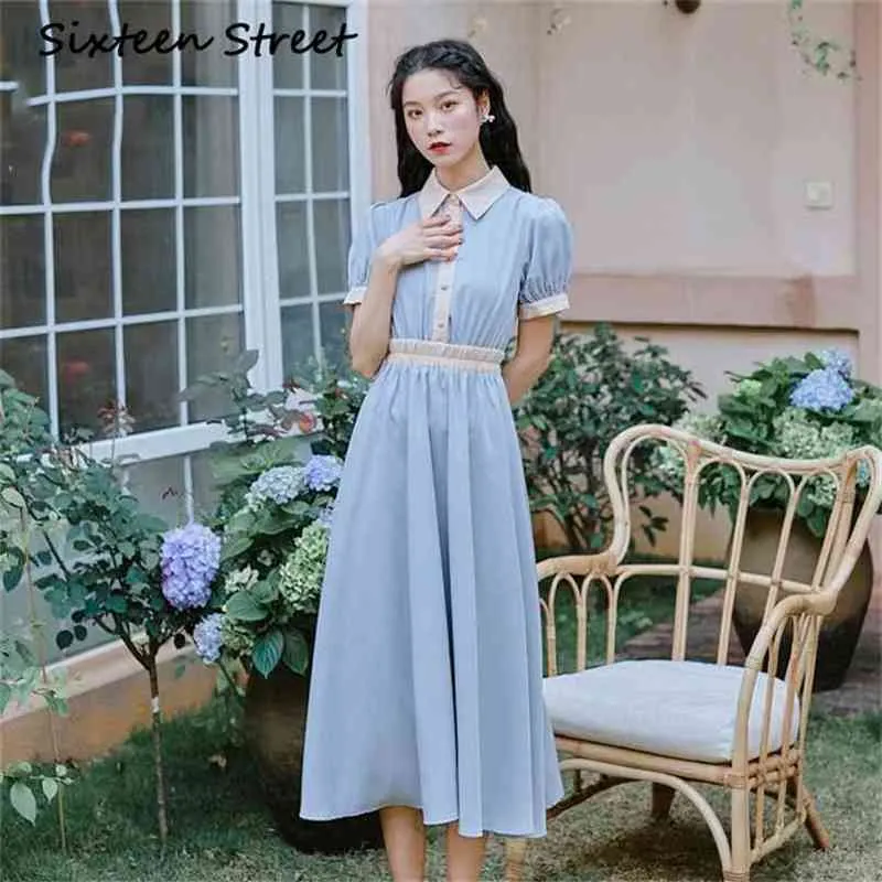 Vintage Blue Midi Dress for Women - Elegant A-line Office Lady Blue pant matching shirt with Short Sleeves and Mid-calf Sizes (210603)