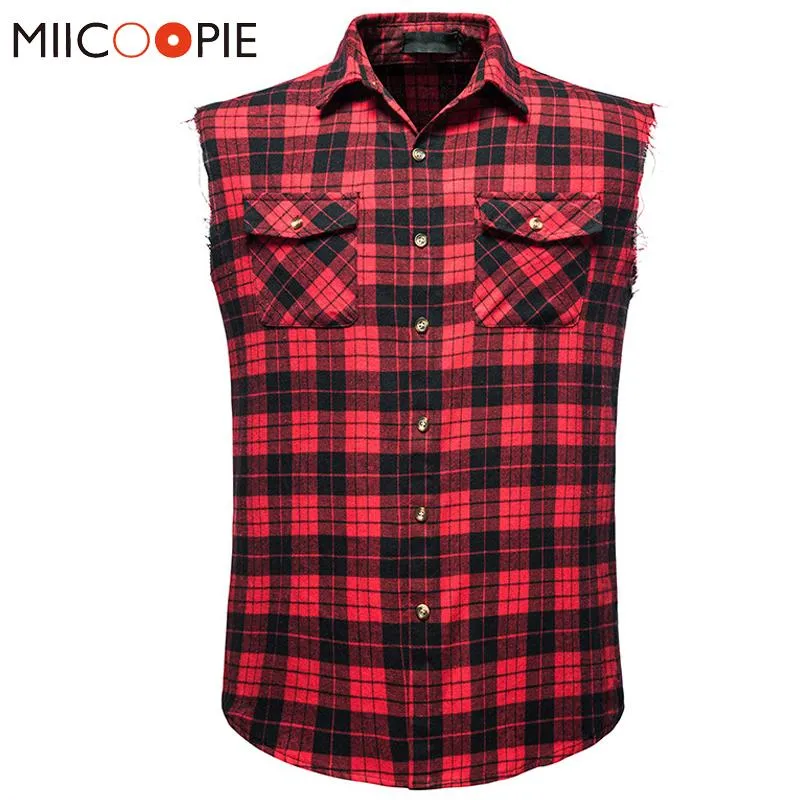 Chemises décontractées pour hommes Hip-Hop Chemise sans manches à carreaux Hommes Marque d'été 2021 Plaid imprimé Col Turndown Gilet Camisas Streetwear